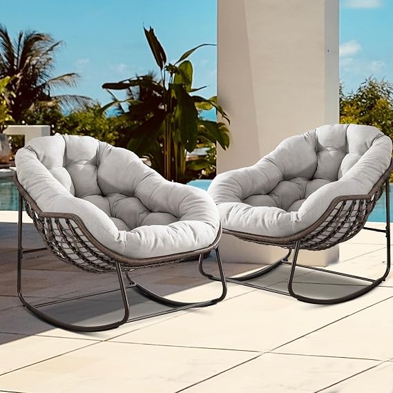 Oversized Papasan Rocking Chair - Outdoor Luxury Comfy Patio Chair Indoor Egg Royal Rattan Rocking Chair with Cushion for Front Porch Lounge Lawn Bedroom Living Room (Beige Grey, 2 Chair)