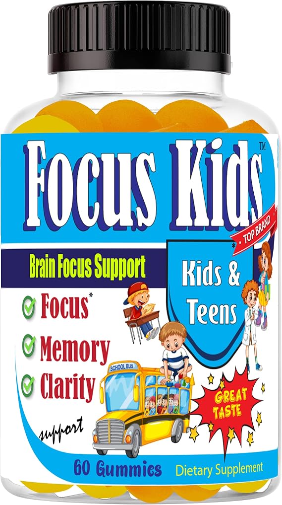 Focus Kids Gummies for Kids and Teens, Attention, Memory & Concentration, Focus Supplement for School & Study Brain Vitamins for Children DHA & Omega 3-6-9 60ct