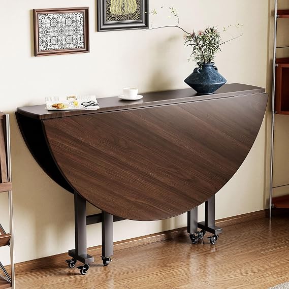 Drop-Leaf Dining Table, Round Drop Leaf Table with 6 Wheels, Versatile Extendable Kitchen Table, Space Saving Folding Dining Tables, for Home Office or Breakfast Bar or Coffee(130cm)
