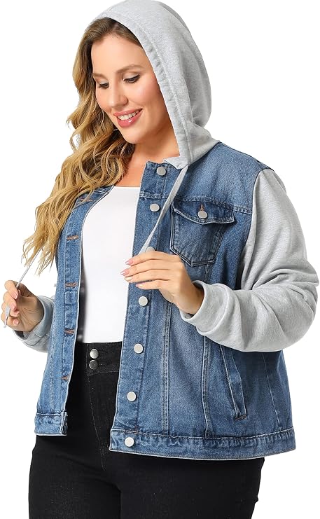 Agnes Orinda Women Plus Size Denim Jackets Long Sleeve Hoodie Jean Jacket