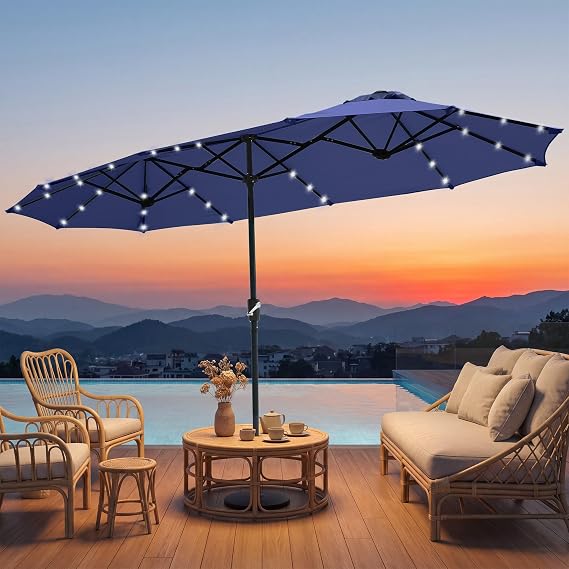 REE SOLDIER 13ft Double Sided Patio Umbrella with Solar Lights (Navy)
