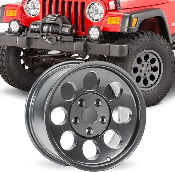 Quadratec Baja Xtreme II 16" Alloy Wheel, Gunmetal Gray - 5x4.5 Bolt Pattern with 4.5" Backspace - 16x8 (0mm Offset) - Fits Jeep XJ, MJ, ZJ, XJ, TJ, YJ, LJU 1984-2006 - With 2 Center Caps