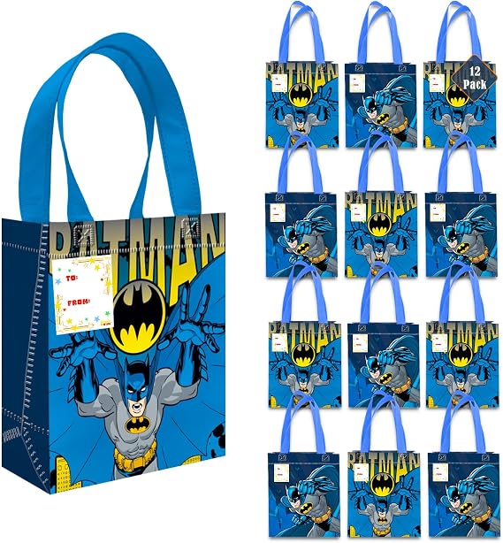 Batman Party Favor Bags for Kids Birthday 12 Pack Bundle | Mini 8" DC Comics Dark Knight Party Goodie Bags, Bulk Reusable Tote Canvas Gift Bags - Batman Party Supplies for Boys Girls