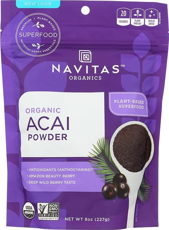 Navitas Organics Acai Powder for Smoothie Bowls, Oatmeal, Dips, Sauces & More Antioxidants, Omega 3 6 9, Fiber - USDA Organic, Non GMO, Kosher, Gluten Free, Keto (8oz. Bag, 76 Servings)