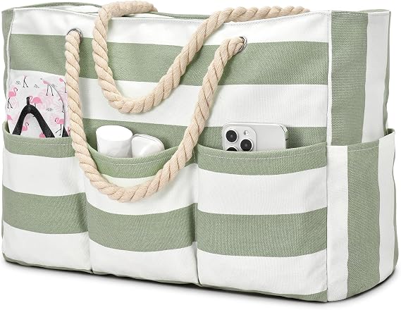 Becokan Beach Bags for Women Canvas Large Beach Tote Bag Zipper Waterproof Sandproof Foldable Swim Pool Bag with 7 Pockets