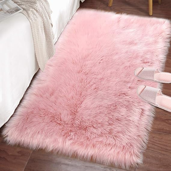 LOCHAS Soft Fluffy Faux Fur Rugs for Bedroom Bedside Rug 2x3 Feet, Pink