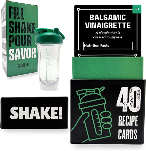 Salad Dressing Shaker Bottle with Recipe Cards | Just Measure to the Line and SHAKE! | Over 40 Chef-Inspired Recipes | Dressings, Sauces, Marinades, Dry Rubs | Nutrition Facts | BPA-Free Bottle
