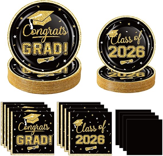 2026 Graduation Plates and Napkins Set, Disposable Tableware, Serves 50