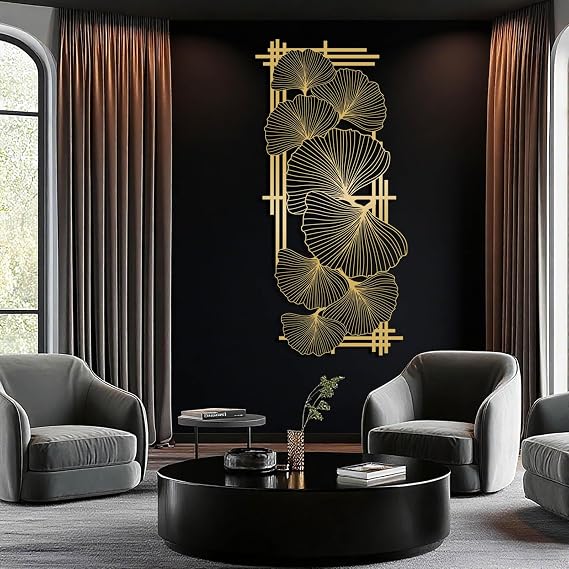 Ginkgo Leaf Metal Wall Art, Large Ginkgo Leaves Metal Wall Decor with Frame, Minimalist Ginkgo Leaf Wall Art, Modern Floral Wall Sculpture for Living Room, Dining Room (Gold, 19"x9"/47x23cm)