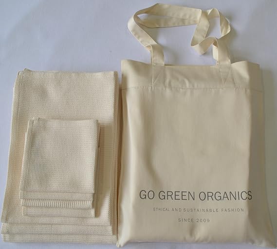 Bath Towel Set Waffle, Organic Cotton, GOTS Certified (Ivory) Super ABSORBANT & Quick Dry, NO SOFTENERS, Environment Friendly, 1xBATH 58x30.5, 2xHAND 29x20, 4xFACE 12x12 INCH