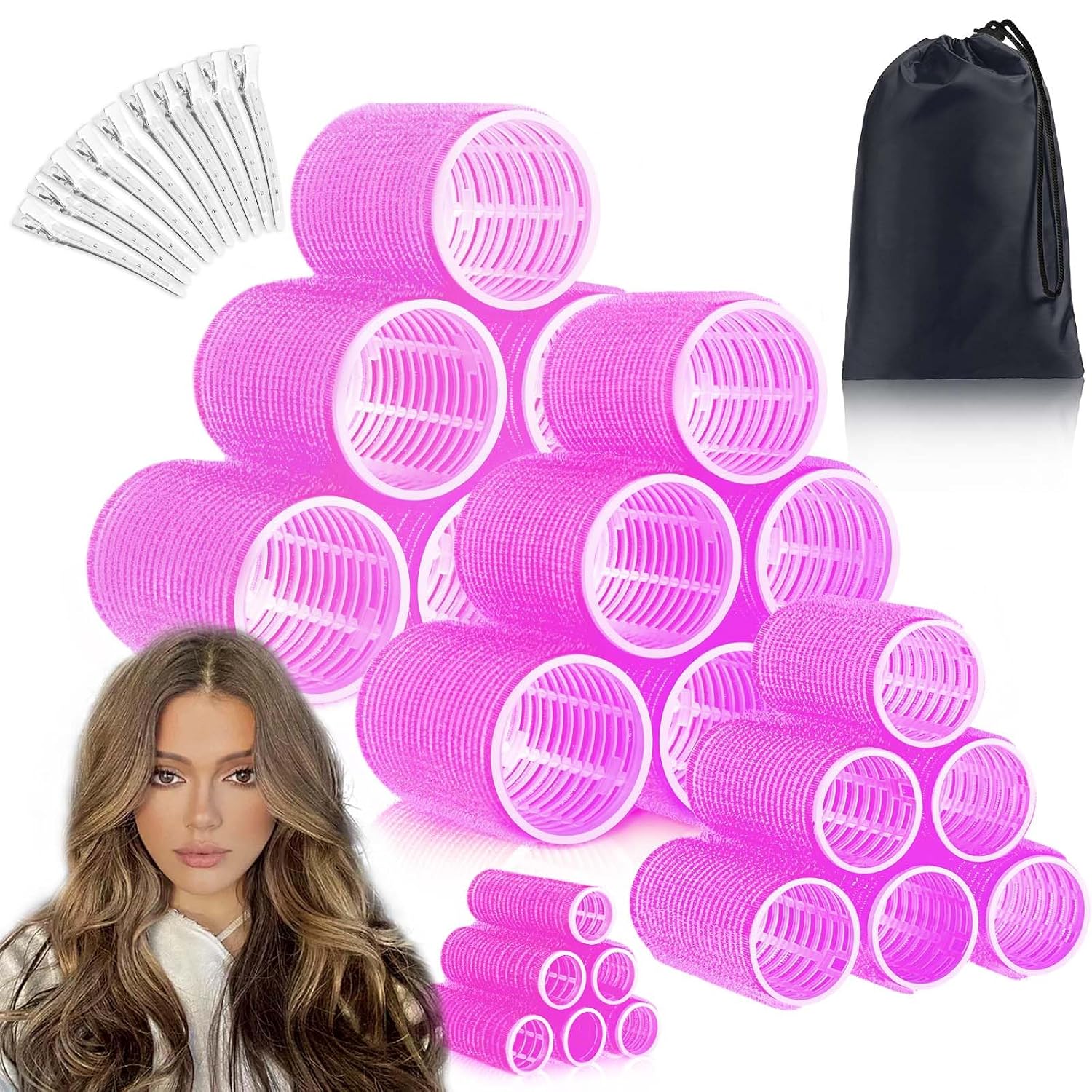 Jumbo Hair Rollers Set with Clips 34Pcs Rollers Hair Curlers Blowout Look Hair Roller Rose Red
