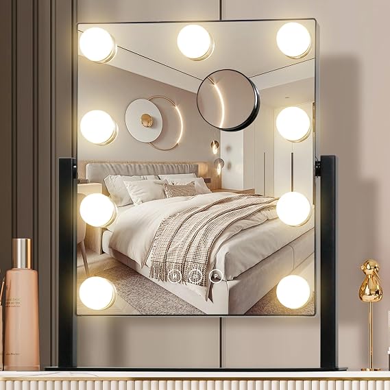 Vanity Mirror with Lights,Makeup Mirror with Lights with 9 Dimmable LED Bulbs, 3 Color Lighting Modes Detachable 10X Magnification Mirror Touch Control,360Rotation