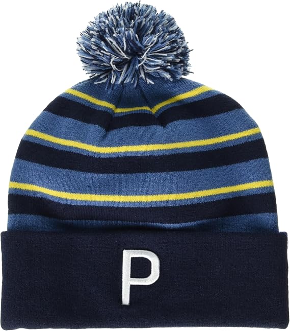 Puma Golf Men's WRMLBL Stripe POM Beanie, DEEP Navy-Blue Horizon-PELE Yellow