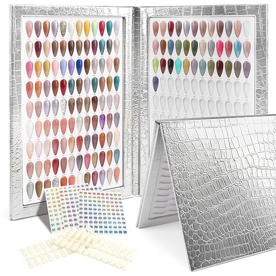 216 Nail Colors Book, Nail Display Chart Book with 240 Nail Tips & 1-300 Number Labels, Professional Nail Color Swatches Book for Nail Polish UV Gel Salon (Silver, Size 01)