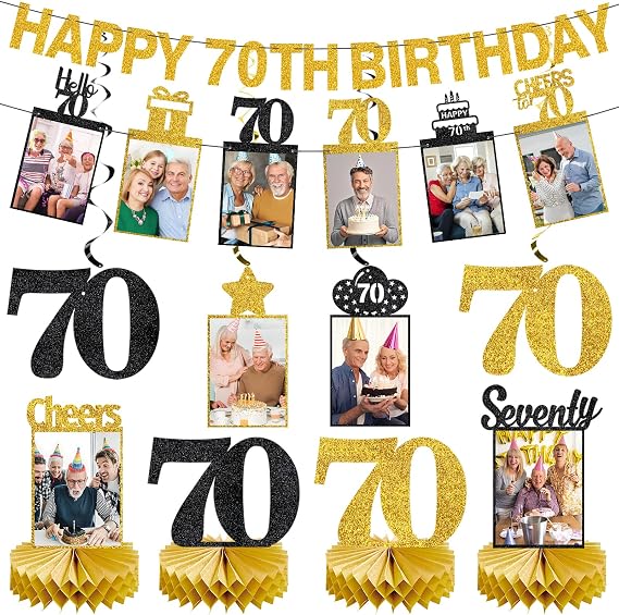 Kuxriox 10Pcs 70th Birthday Decorations for Men Women Black Gold | Happy 70th Birthday Photo Banner, Glitter 70 Bday Photo Table Centerpieces Party Supplies, Seventy Bday Ceiling Swirls Sign
