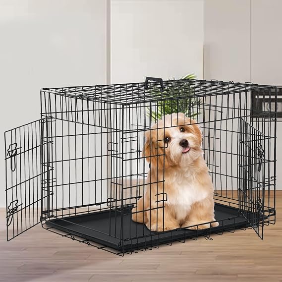 Dog Crate Dog Cage for Large Dogs Folding Mental Wire Dog Kennel Outdoor and Indoor with Double-Door Divider Panel Removable Tray and Handle (36 inch)