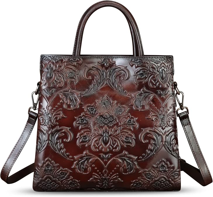 Genuine Leather Purses and Handbags for Women Vintage Embossed Leather Tote Bag Crossbody Shoulder Bag Satchel Bags