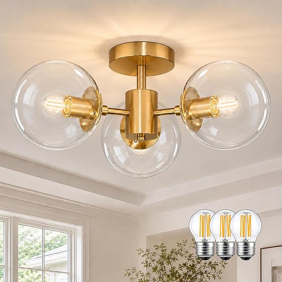 Bagood Mid Century 3-Light Clear Globe Glass Gold Chandelier 19 Inch Modern Brass Semi Flush Mount Ceiling Lights Modern Light Fixtures Ceiling Lights Fixture for Bedroom Living Room Hallway Entryway