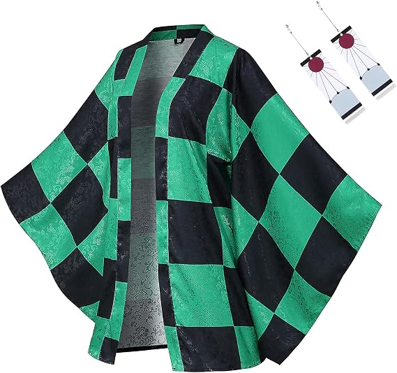 Tanjiro Haori kimono Cosplay Costume - MIAQIWUYU Anime Kamado Tanjirou Kimono Haori Role Cloak Jacket Cardigan Earrings