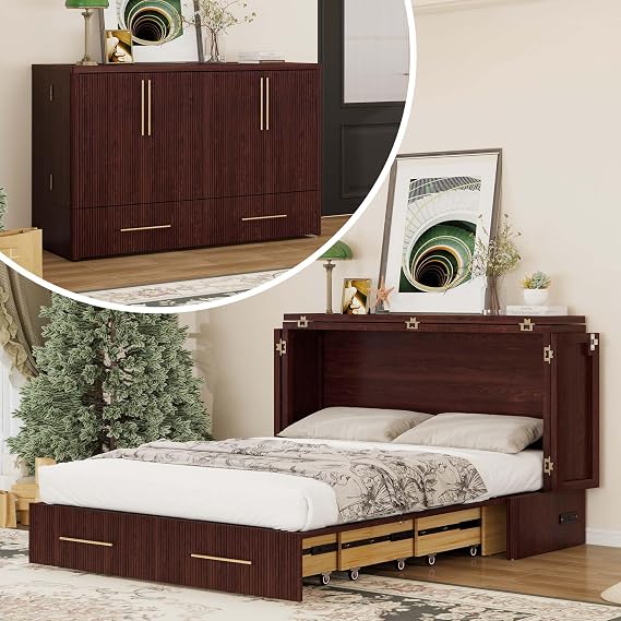 Murphy Bed Queen with Mattress Included, Solid Wood Fluted Design