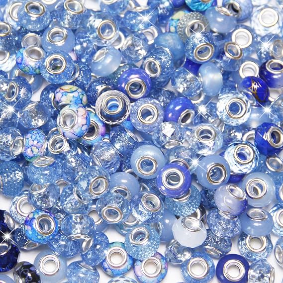 100 Pieces Large Hole Beads, Assorted European Craft Beads Blue Big Hole Fairy Wands Garden Bead Large Hole Lampwork Spacer Bead for DIY Pens Charms Bracelet Necklace Jewelry Making Supplies