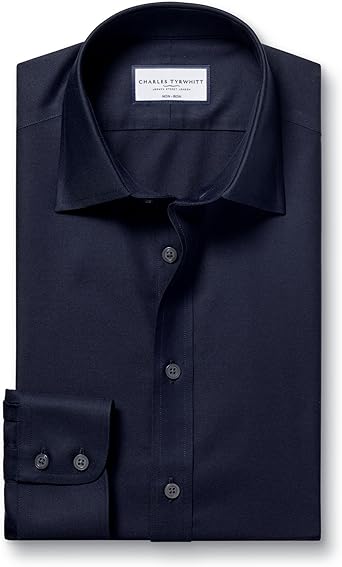 Charles Tyrwhitt Shirts for Men Navy Twill Non-Iron Formal Dress Shirt Long Sleeve Cotton Shirt Wrinkle Free Office, Wedding & Business Attire - Extra Slim Fit with Cutaway Collar