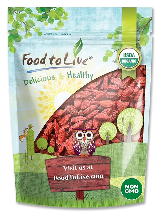 Food to Live Organic Goji Berries, 8 Ounces Sun Dried, Large and Juicy, Non-GMO, Raw, Vegan, Sirtfood, Bulk