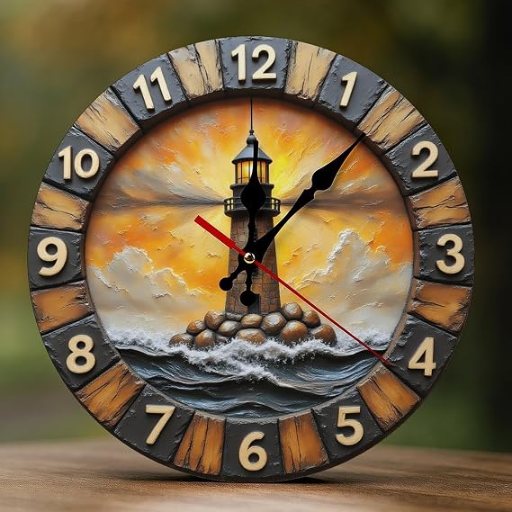 Decorative Wall Clocks Battery Operated - 10 Inch Modern Wooden Sunset Lighthouse Glow 2D Print Non Ticking Silent Wall Clocks for Living Room Bedroom Office Kitchen Hotel Bathroom Decor