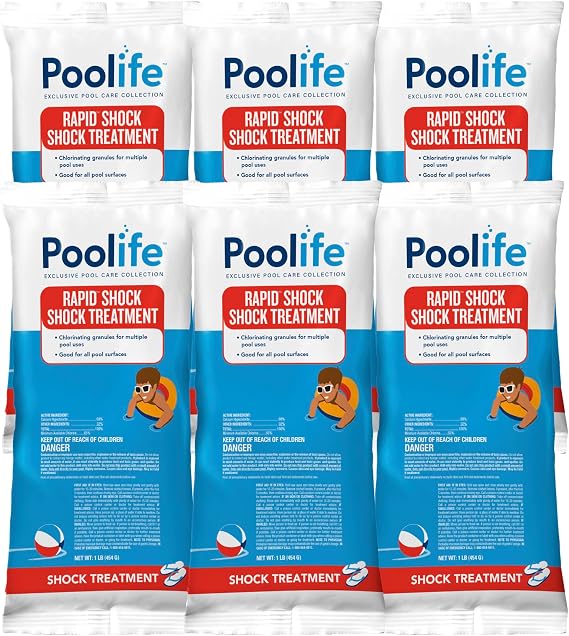 Poolife Rapid Shock for Pools Algae, Bacteria, Contaminant Removal - Fast-Dissolving, CYA-Free Calcium Hypochlorite Pool Shock for Clean Water - Chlorine Granules for Above/Inground Pools - 1lbx6 Bag