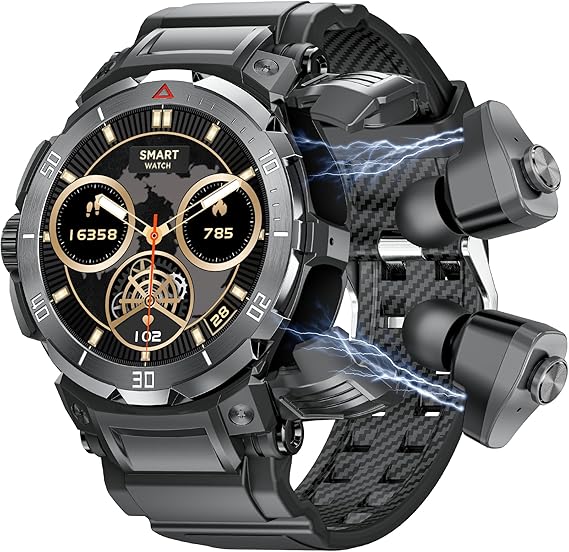 Smart Watch with Earbuds for Men, 1.53" HD Screen Military Watch, Answer/Make Calls, Sports Fitness Trackers with Heart Rate, Blood Oxygen, Sleep Monitor, for Men Dad Husband