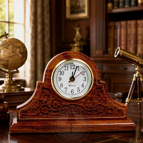 Nagina International Tambour Style Hand Carved Rosewood Design Elegant Fireplace Mantel Living Room Office Decor Clock | Quarts Lovely Home Essential | Corporate Gifts Decor
