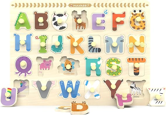 Wooden Peg Puzzle for Toddlers, Alphabet Learning Toys, Baby Puzzles Alphabet Board for Kids, Preschool Knob Puzzle for Boys Girls, Chunky ABC Shape Puzzles for 2 3 4 Year Old