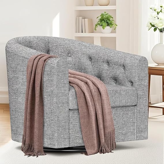 Simore Swivel Accent Chair for Living Room, Breathable Fabric Round Swivel Barrel Chair Armchair for Nursery Office Bedroom, Dark Gray