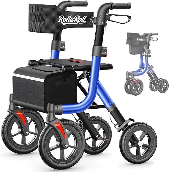 Walkers for Seniors, Rollator Walker with Seat, 10" Big Rubber Wheels All Terrain Rolling Walker, Lightweight Foldable Rollator Walker, Built-in Cable, Reinforced Aluminum Frame, Blue