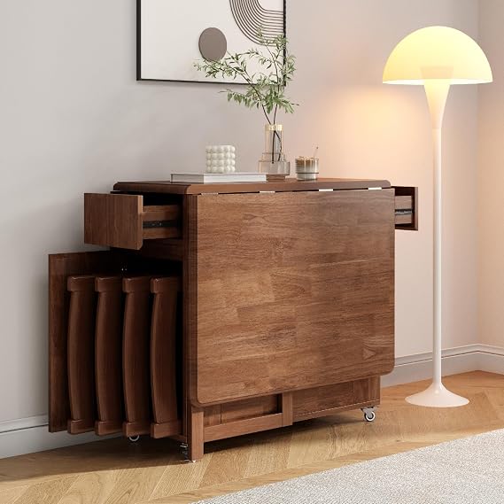 Space Saving Folding Dining Table with Storage 130CM Solid Wood No Assembly