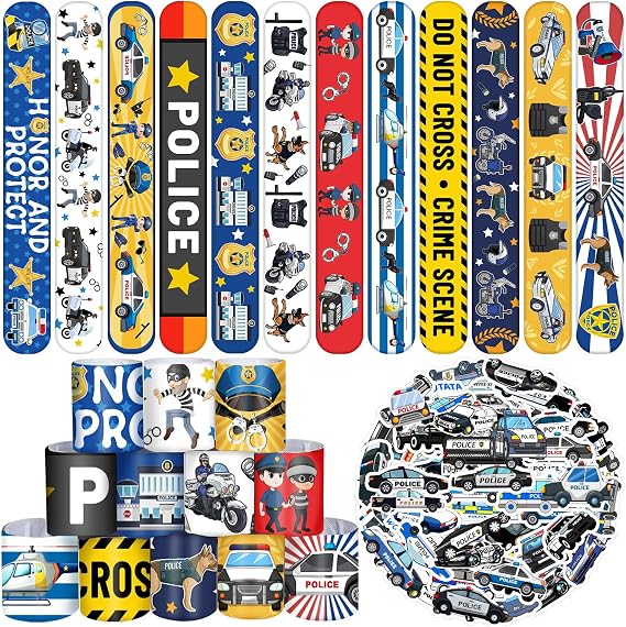 74PCS Party Favors - 24PCS Police Officer Slap Bracelets, 50PCS Stickers for Police Decorations, Kids Gifts, Classroom Rewards, Prizes, Carnival, Christmas
