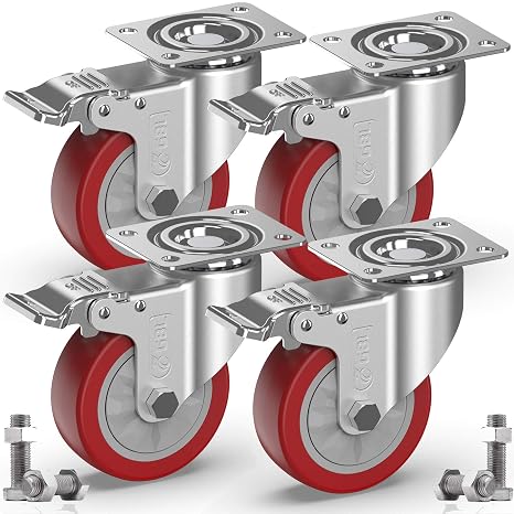 GBL Heavy Duty Castor Wheels with 4 Brakes + Screws - 100mm up to 600KG - Pack of 4 No Floor Marks Silent Caster for Furniture - Swivel Rubbered Trolley Wheels - Silver