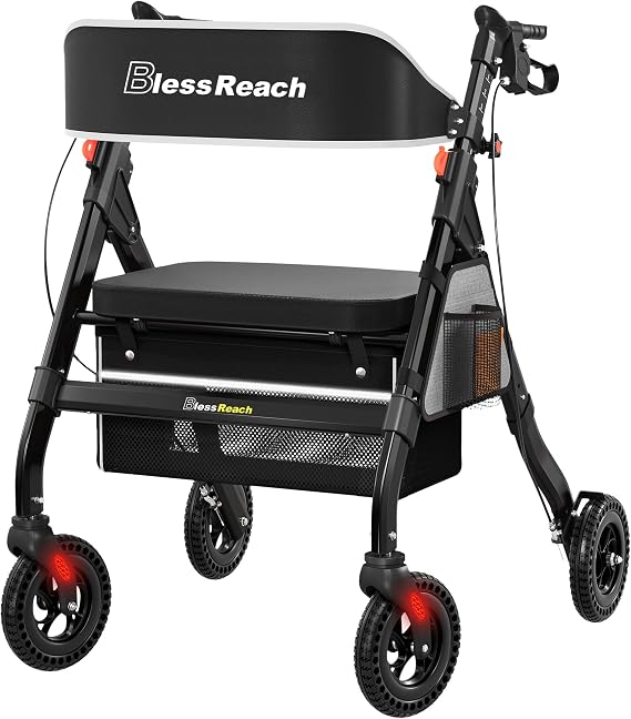 BlessReach Foldable Heavy-Duty Rollator Walkers with Seat for Seniors,Black