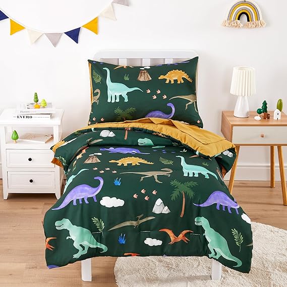 Wake In Cloud - Toddler Bedding Set for Boys, Colorful Jurassic Dinosaur Volcano, 4 Pieces Soft Crib Bed Set Including Comforter, Sheets and Pillowcase, Dark Green