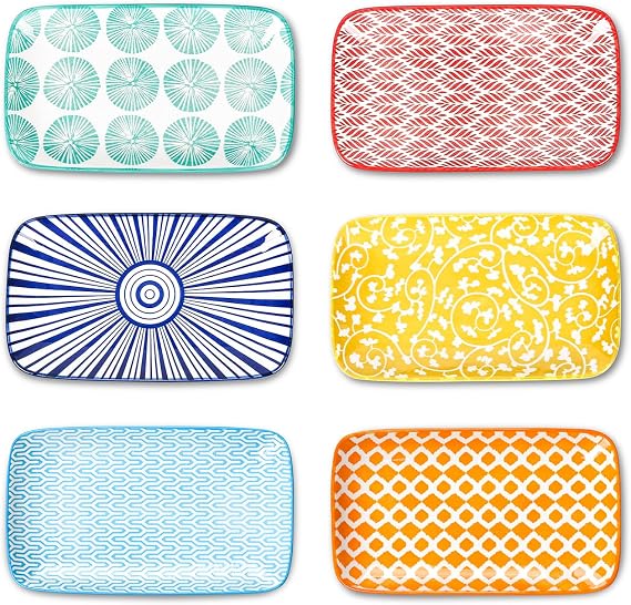 Selamica Rectangular Salad Plates, 7.1 Inch Dessert Plates Ceramic, Small Plates for Appetizer, Snack, Sushi, Fruit, Set of 6, Assorted Colors