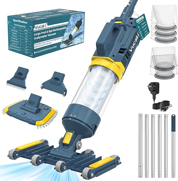 Vucaki 5-in-1 Handheld Pool Vacuum with 10.8FT Telescopic Pole 14" Wheel Vacuum Head, 18.9GPM Suction, 70Min Runtime, Heavy Duty Pool Vacuum Cleaner for Inground & Above Ground Pools and Spas