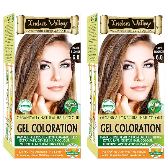 Indus Valley Natural Organic Damage Free Permanent Gel Hair Color Up to 100% Gray Coverage |Doctor Recommended| Bio Natural Certified- Dark Blonde 6.0 (20gram+200ml) Pack of 2