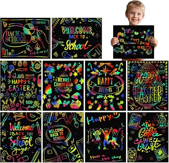 Minyaluck Rainbow Scratch Art Paper - 12 Pcs 17.3x13.4inch with 12 Wooden Stylus DIY Art for Creative Artwork Black Scratch Off Art Craft Supplies Kits Classroom Easter Gifts for Kids
