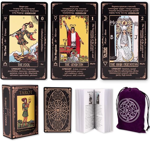 Tarot Cards for Beginners, Classic Tarot Deck with Meanings, Durable Cards with Guide Book, Black