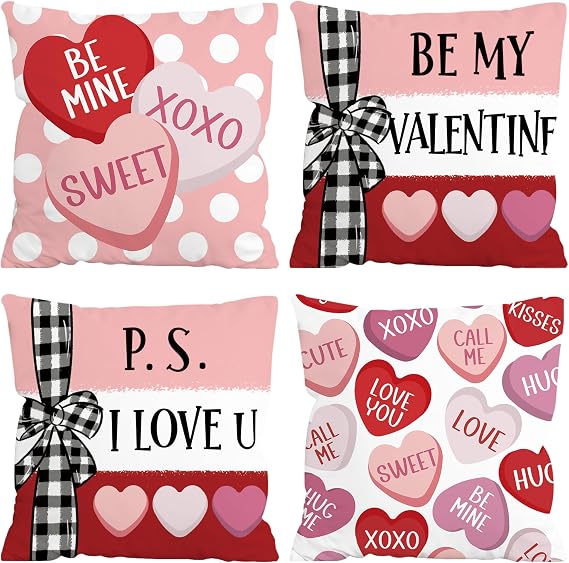 FUTBU Be My Valentine Throw Pillow Covers, 20 x 20 Inch Valentines Stripes Wedding Cushion Case Decoration for Sofa Couch Set of 4 Red Candy Heart