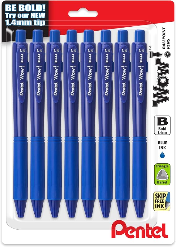 Pentel Wow! Retractable Ballpoint Pen, (1.4mm), Bold Line, Blue Ink, Pack of 8 (BK444BP8C)
