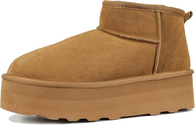 Meik Mangni Women's Ultra Mini Platform Fashion Boot Classic Short Ankle Boot Cloud Warm Fur Lined Snow Boots Anti-Slip Winter Boots for Outdoor,Brown 9 US