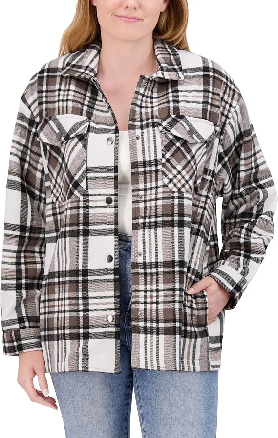 HFX Women's Button Down Plaid Fleece Shacket With Bonded Sherpa Lining, Dual Chest Pockets