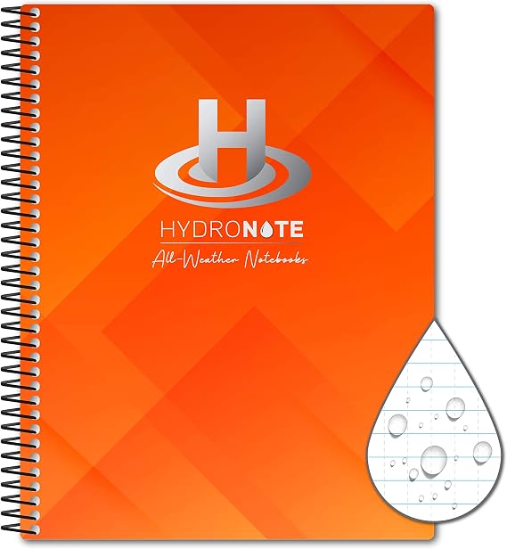 TerraSlate Hydronote Waterproof Side Spiral Notebook, Universal Page Pattern - Notebook, Waterproof Notebooks for Work, 11 x 8.75 x 0.5 (Geometric Orange)
