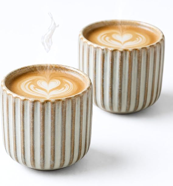 2 x 180ml Ceramic Coffee Cups without Handle - Espresso Coffee Cups for Water and Tea - Heat Resistant - Retro Colors - Gift Set -Herring White